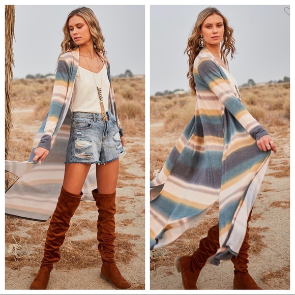 37 Boho Chic Ombré Striped Long Open Cardigan - Picture 3 of 4